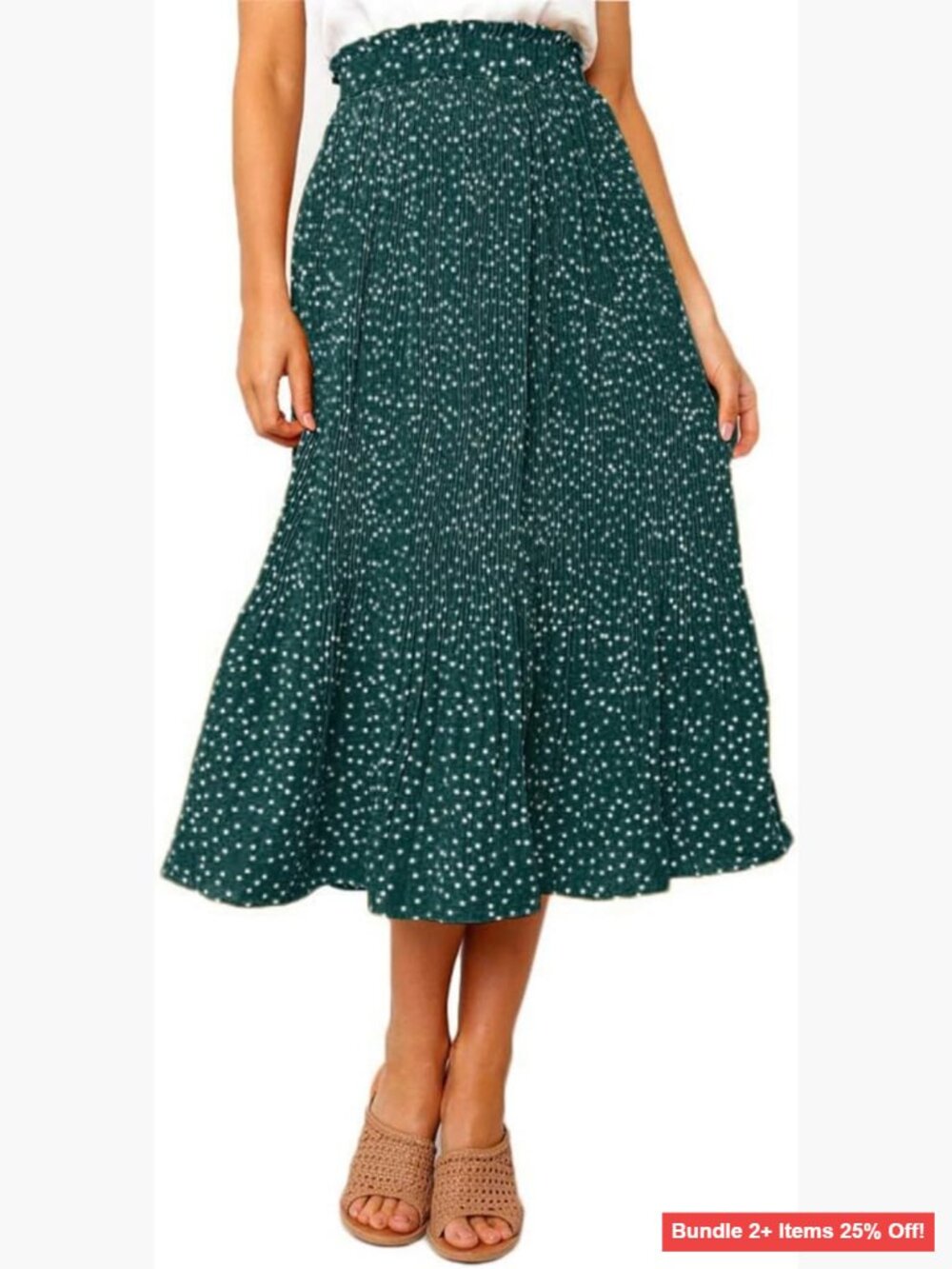 High Waisted Pleated Midi Skirt with Pockets, Polyester, Size Medium